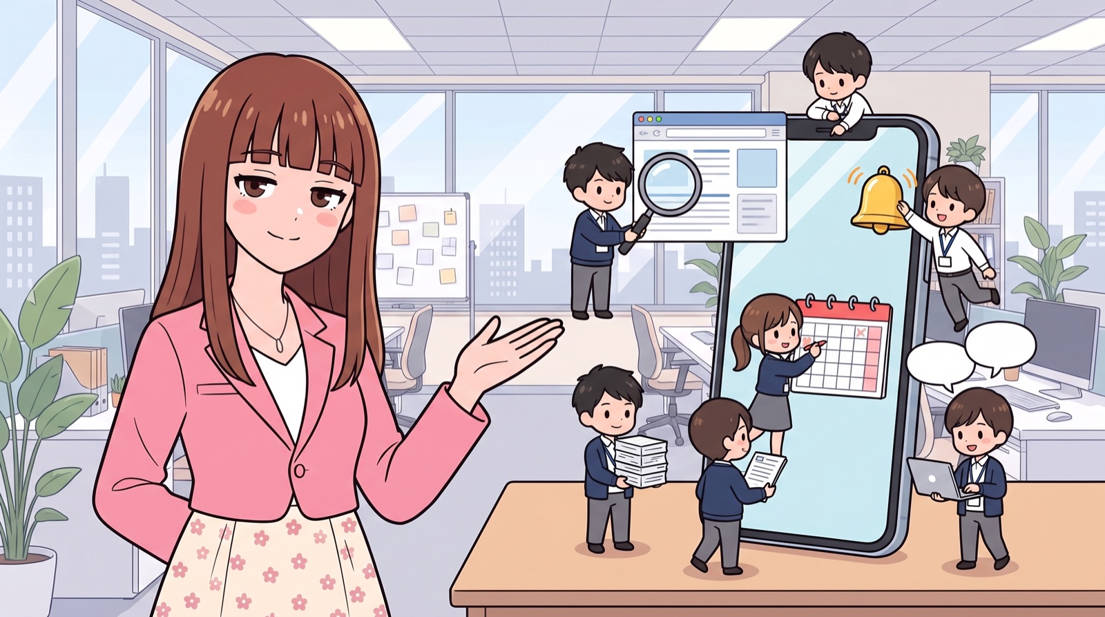 オフィスで、こびとAIのマーケティング部・月岡ひなたが手で示した先のスマホで、手のひらサイズの小さな会社員たちが、ページの確認、通知のベル、予定、書類運び、チャットの返信を分担している。